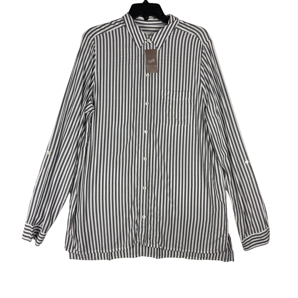 J.Jill Womens Medium Tall India Ink Striped Rayon Button Front Tunic Shirt NWT